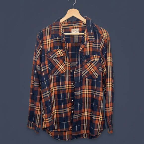 Men’s Rust & Navy Plaid Flannel Button-Down Shirt – Long Sleeve Casual Shirt - Picture 2 of 5